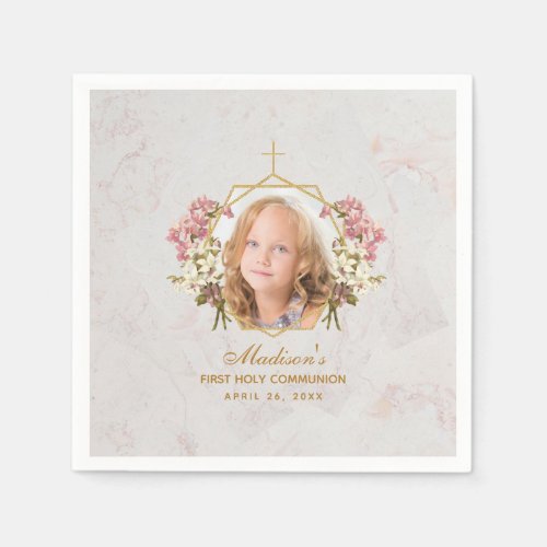First Communion Girl Photo Marble Gold Pink Orchid Napkins
