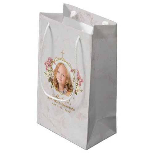 First Communion Girl Photo Marble Gold Pink Orchid Small Gift Bag