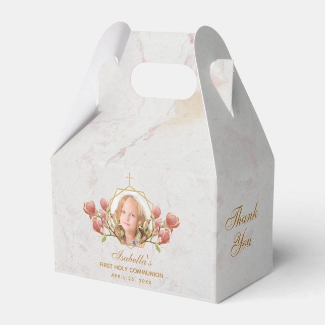First Communion Girl Photo Marble Pink Magnolia  Favor Boxes (Front Side)