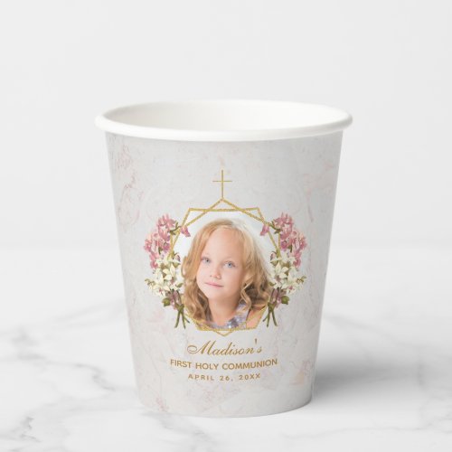 First Communion Girl Photo Marble Pink Orchid Gold Paper Cups