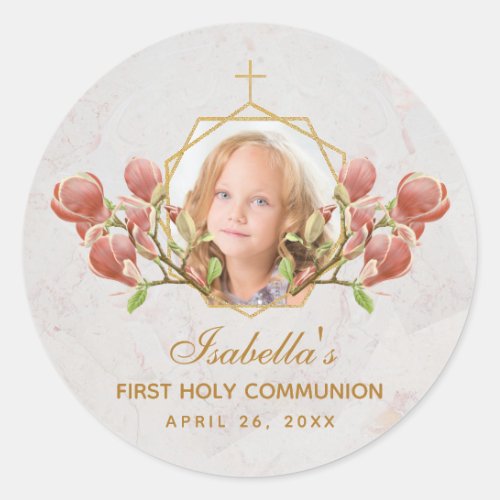 First Communion Girl Photo Pink Magnolia Floral Classic Round Sticker