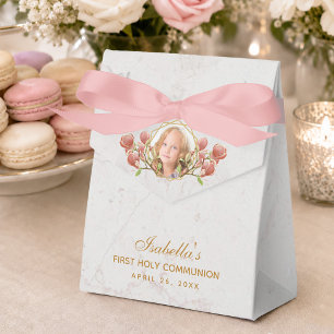 First Communion Girl Photo Pink Magnolia Marble Favor Boxes