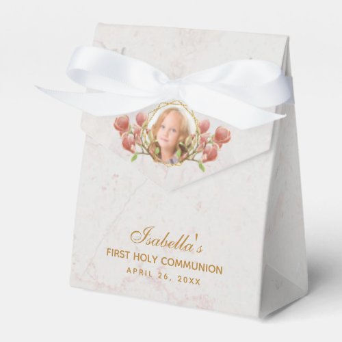 First Communion Girl Photo Pink Magnolia Marble Favor Boxes