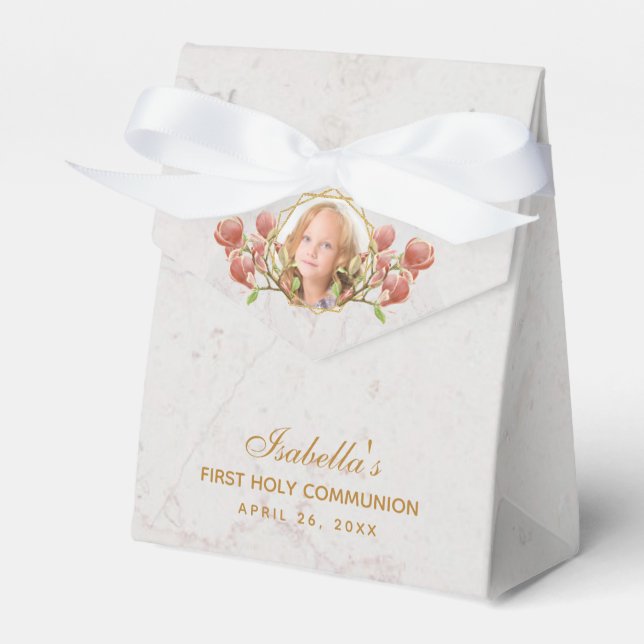 First Communion Girl Photo Pink Magnolia Marble Favor Boxes (Front Side)
