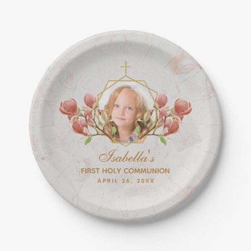 First Communion Girl Photo Pink Magnolia Marble Paper Plates