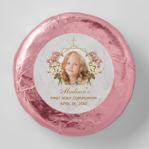 First Communion Girl Photo Pink Orchid Gold Floral Dipped Oreo Cookie Favors