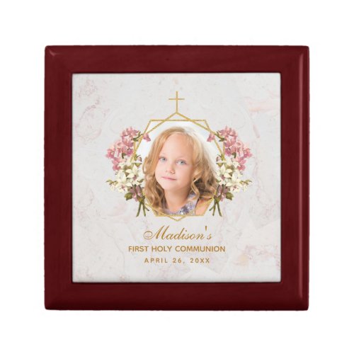 First Communion Girl Photo Pink Orchid Marble Gold Gift Box