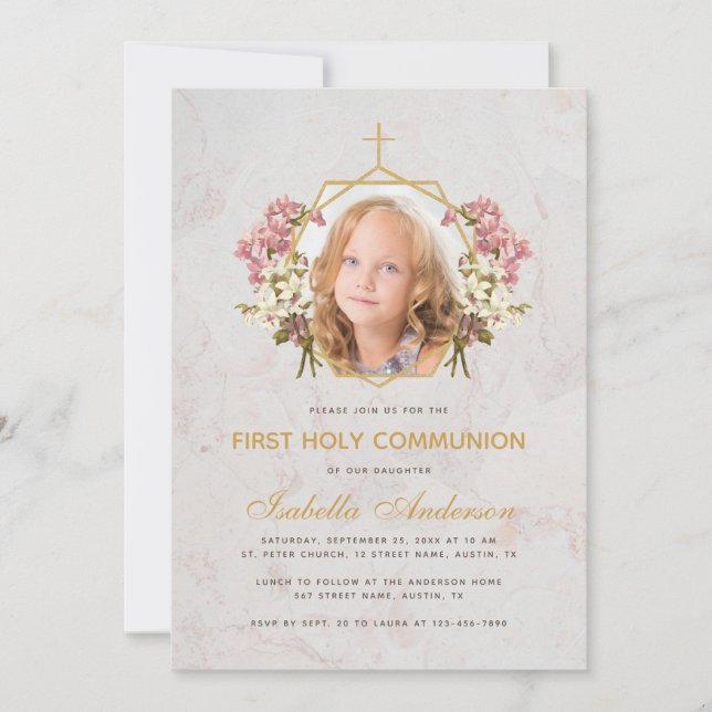 First Communion Girl Photo Pink Orchid Marble Gold Invitation (Front)