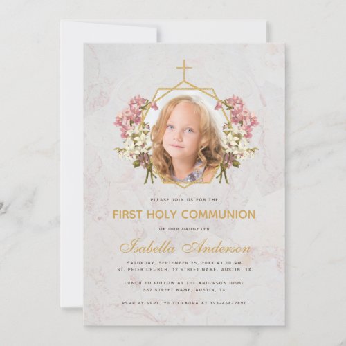 First Communion Girl Photo Pink Orchid Marble Gold Invitation
