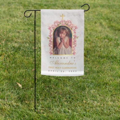 First Communion Girl Photo Pink Orchids Gold Arch  Garden Flag