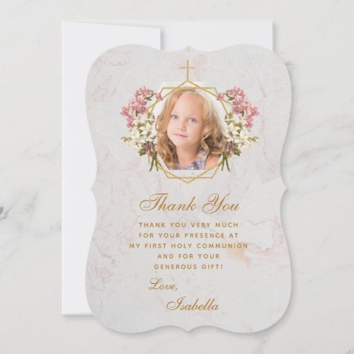 First Communion Girl Photo Pink Orchids Gold Cross Thank You Card