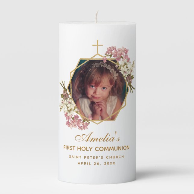 First Communion Girl Photo Pink Orchids Gold  Pillar Candle (Front)