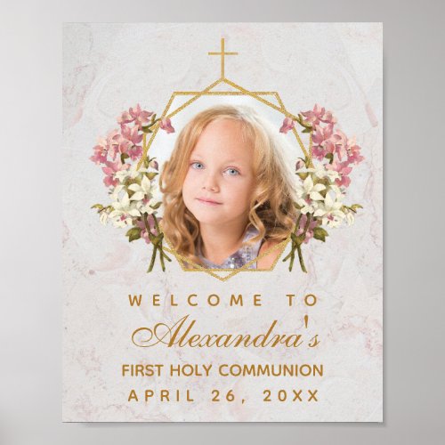 First Communion Girl Photo Pink Orchids Welcome Poster