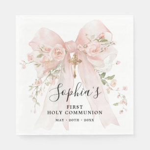 First Communion Girl Pink Bow Roses Custom Napkins