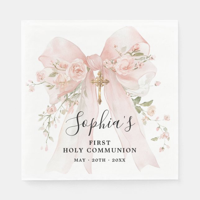 First Communion Girl Pink Bow Roses Custom Napkins (Front)