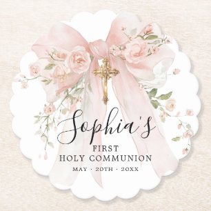 First Communion Girl Pink Bow Roses Custom Paper Coaster