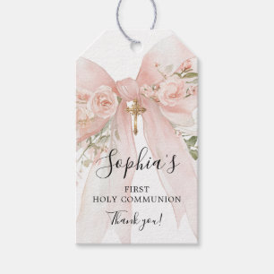 First Communion Girl Pink Bow Roses Thank You Gift Tags