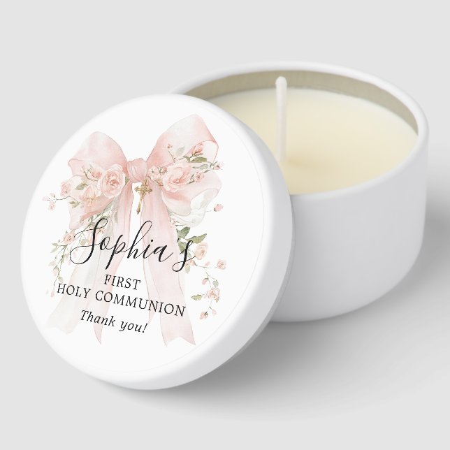 First Communion Girl Pink Bow Roses Thank You Mini Candle Favors (Corner)