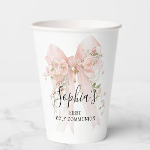 First Communion Girl Pink Bow Roses Thank You Paper Cups