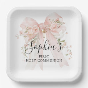 First Communion Girl Pink Bow Roses Thank You Paper Plates