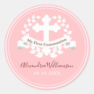 First Communion Girl Pink Classic Round Sticker