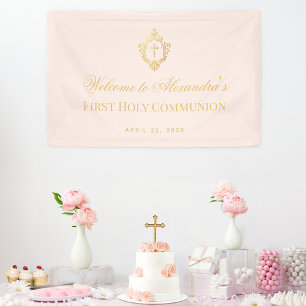 First Communion Girl Pink Faux Gold Vintage Crest Banner