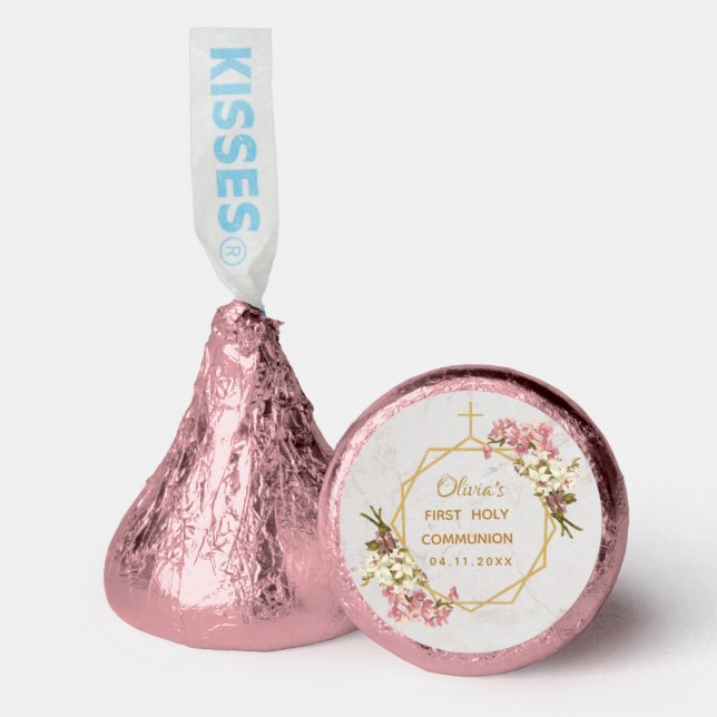 First Communion Girl Pink Orchids Floral Geometric Hershey®'s Kisses® (Front)