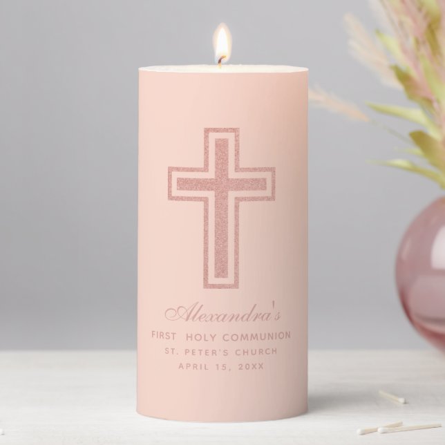 First Communion Girl Pink Rose Gold Cross Catholic Pillar Candle (In Situ)