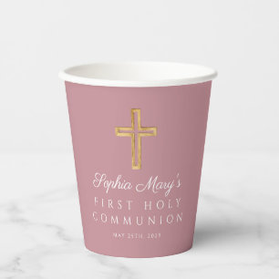 First Communion Girl Religious Cross Pink Paper Cups