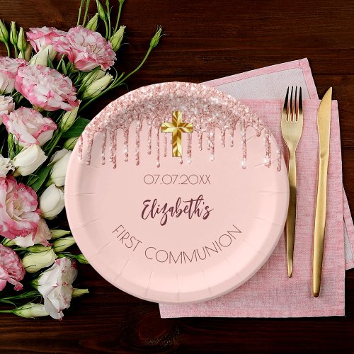 First Communion girl rose gold glitter drips name Paper Plates