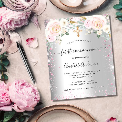 First communion girl silver pink floral invitation