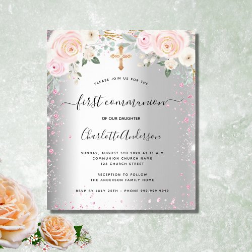 First communion girl silver pink floral invitation flyer