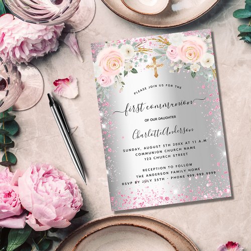 First communion girl silver pink florals sparkles invitation