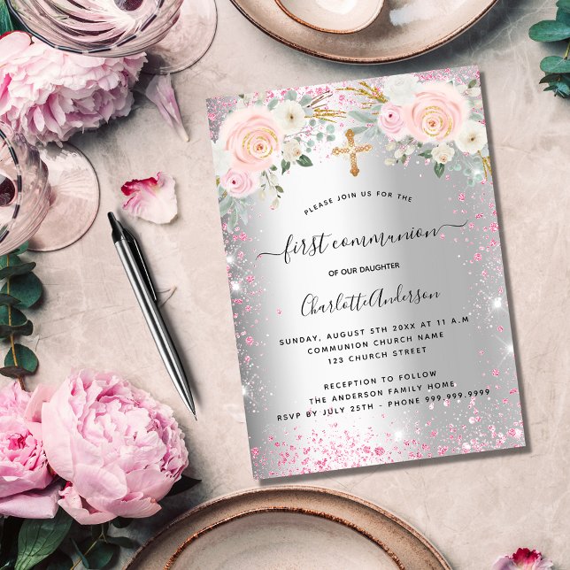 First communion girl silver pink florals sparkles invitation postcard (Creator Uploaded)