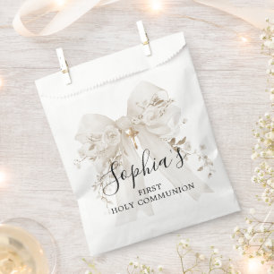 First Communion Girl White Bow Roses Thank You Favor Bag