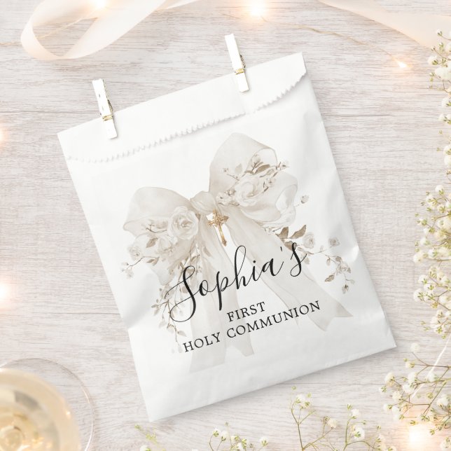 First Communion Girl White Bow Roses Thank You Favor Bag (Clipped)