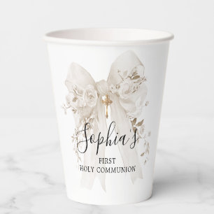 First Communion Girl White Bow Roses Thank You Paper Cups
