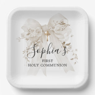 First Communion Girl White Bow Roses Thank You Paper Plates