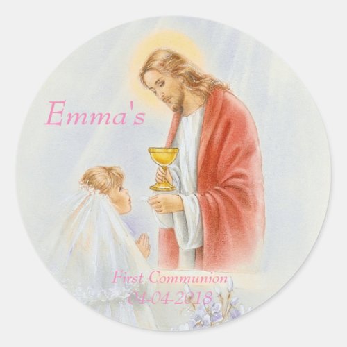First communion girls classic round sticker