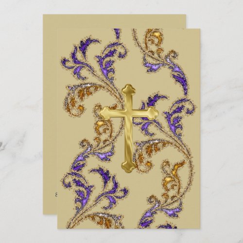 First Communion Glittery Damask with Cross Invitation