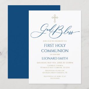 First Communion God Bless Blue Invitation