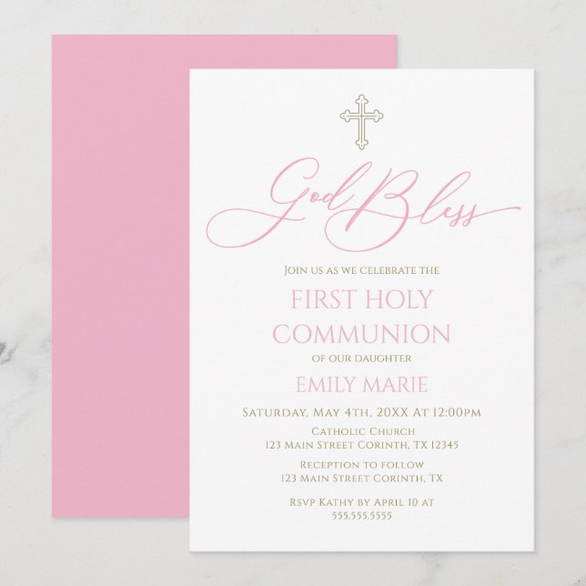 First Communion God Bless pink Invitation (Front/Back)