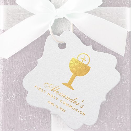 First Communion Gold Chalice Calligraphy Foil Favor Tags