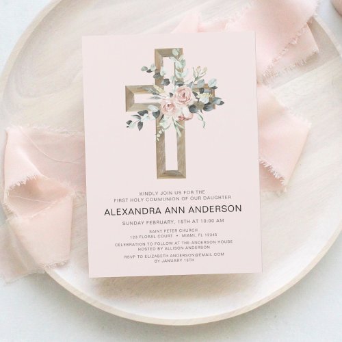 First Communion Gold Cross Blush Pink Floral  Invitation