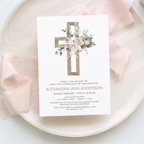 First Communion Gold Cross Blush Pink Floral  Invitation