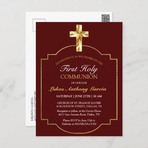 First Communion Gold Cross Burgundy Elegant Invita Postcard