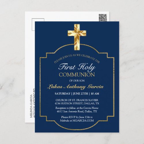 First Communion Gold Cross Burgundy Elegant Invite