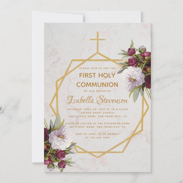 First Communion Gold Cross Burgundy Peonies Marble Invitation (Front)