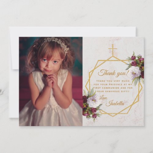 First Communion Gold Cross Marble Burgundy Peonies Thank You Card