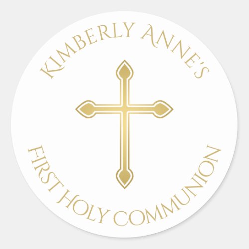 First Communion Gold Cross Monogrammed Name Classic Round Sticker